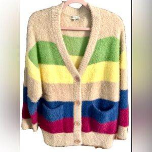 Moon River Fuzzy Rainbow Stripe Cardigan – Cozy, Bold, and Retro Chic